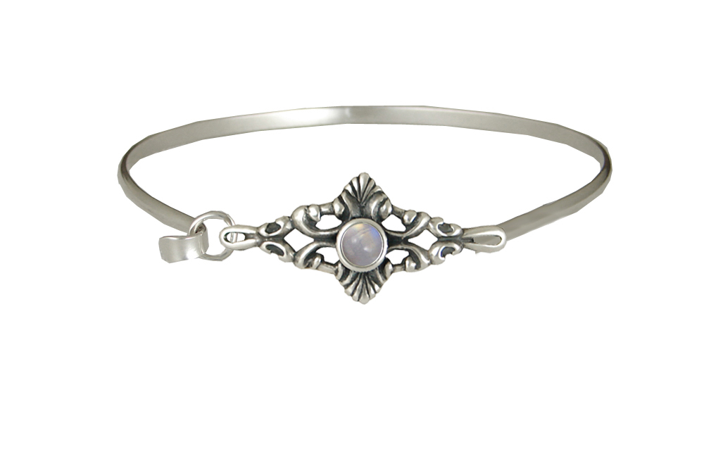 Sterling Silver Victorian Strap Latch Spring Hook Bangle Bracelet With Rainbow Moonstone